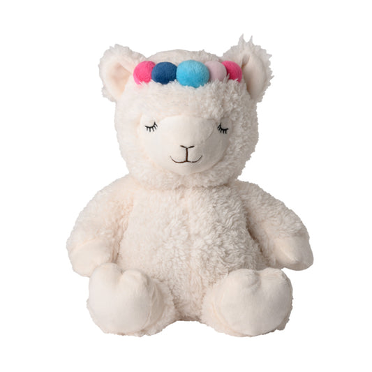 Kuscheliges Wärmekuscheltier. Weißes Alpaka mit angedeutetem Blumenkranz, dargestellt in Kugelform in den Farben Pink und Blau, Ansicht von vorne