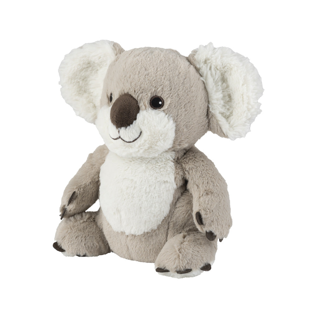 Wärmekuscheltier Koala mit hellbraunem Fell, einem weißen Bauch, großen weißen Ohren und einem bezaubernden Lächeln. Seitenansicht