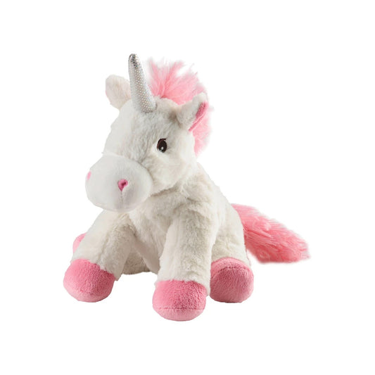 Wärmekuscheltier Mini Einhorn mit kuscheligem, weißem Fell, zarten rosafarbenen Haaren, einem passenden rosa Schweif und niedlichen rosa Füßchen. Das Horn ist mit glänzenden silberfarbenen Akzenten verziert.