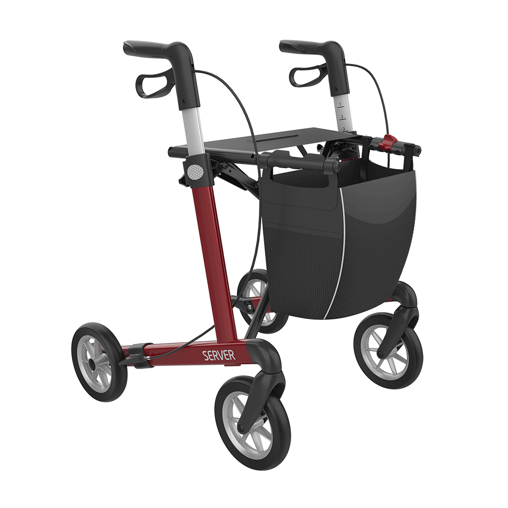 Rehasense Rollmobil Server in Weinrot mit Einkaufstasche und Sitzfläche