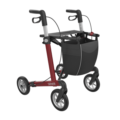 Rehasense Rollmobil Server in Weinrot mit Einkaufstasche und Sitzfläche