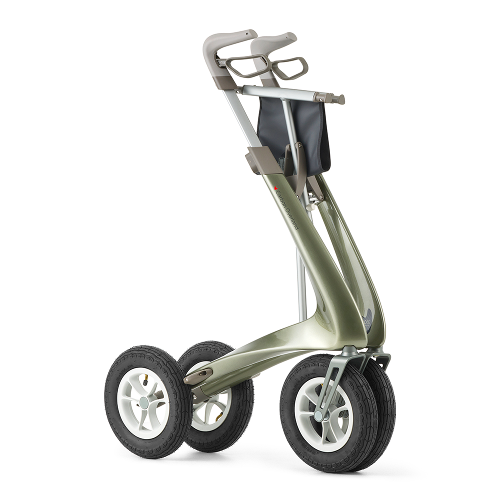 Zusammengeklappte Ansicht des Carbon Overland Outdoor-Rollator in Defender Grün