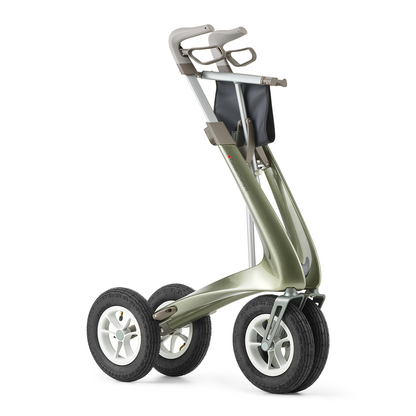 Zusammengeklappte Ansicht des Carbon Overland Outdoor-Rollator in Defender Grün