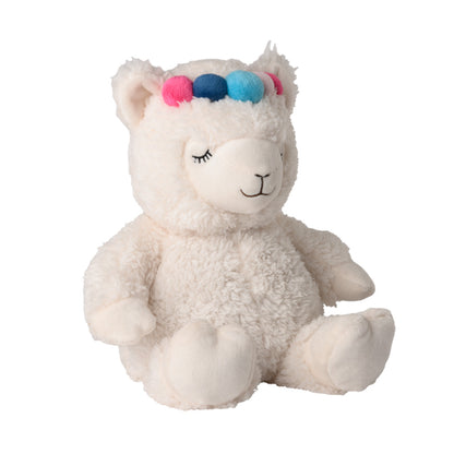 Kuscheliges Wärmekuscheltier. Weißes Alpaka mit angedeutetem Blumenkranz, dargestellt in Kugelform in den Farben Pink und Blau, Ansicht schräg vorne 