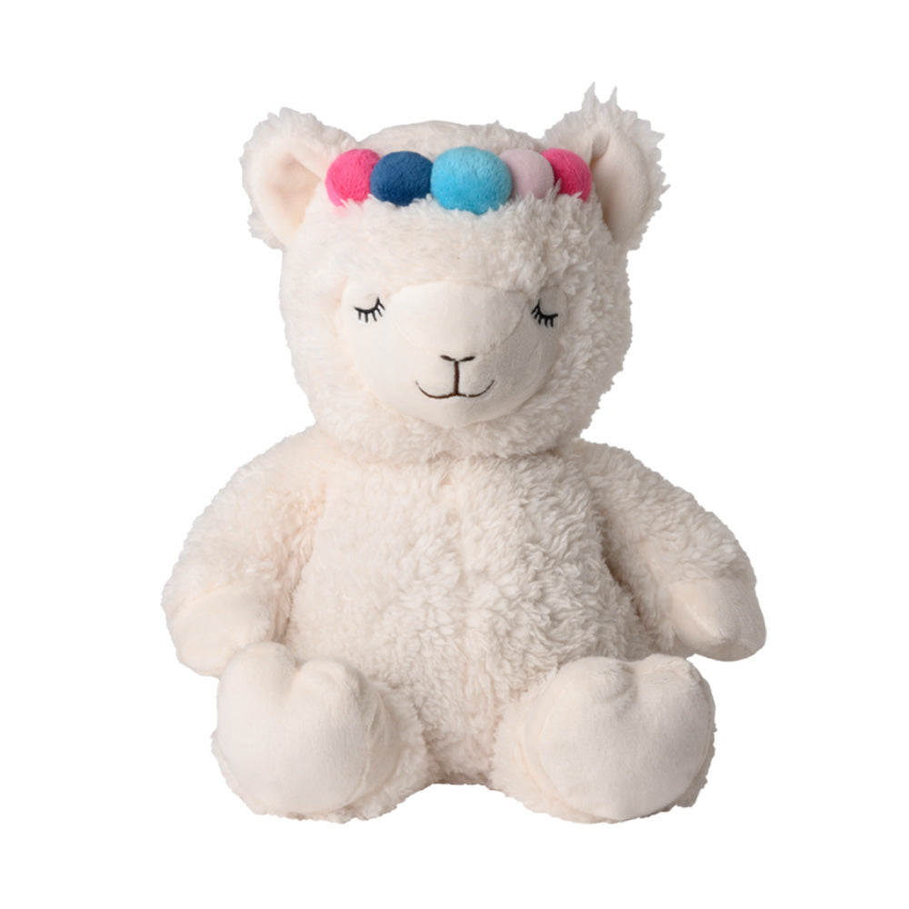 Kuscheliges Wärmekuscheltier. Weißes Alpaka mit angedeutetem Blumenkranz, dargestellt in Kugelform in den Farben Pink und Blau, Ansicht von vorne 