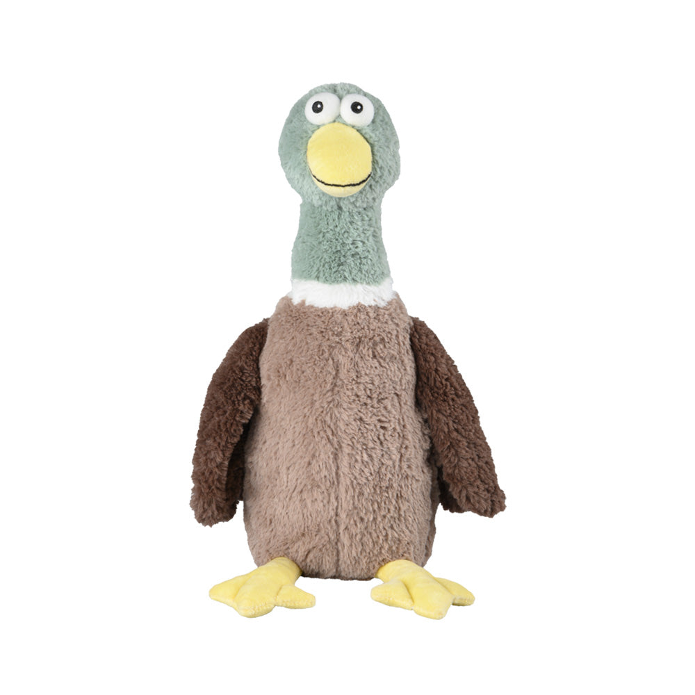 Erpel Hansi mit flauschigem braunem Körper, grünem Kopf und einem Lächeln auf dem gelben Schnabel. 