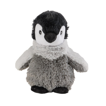Wärmekuscheltier Mini Baby Pinguin ist optisch einem Kaiserpinguin nachempfunden, mit flauschigem grauem Bauch und dem charakteristisch schwarz-weißen Kopf. Ansicht von vorne