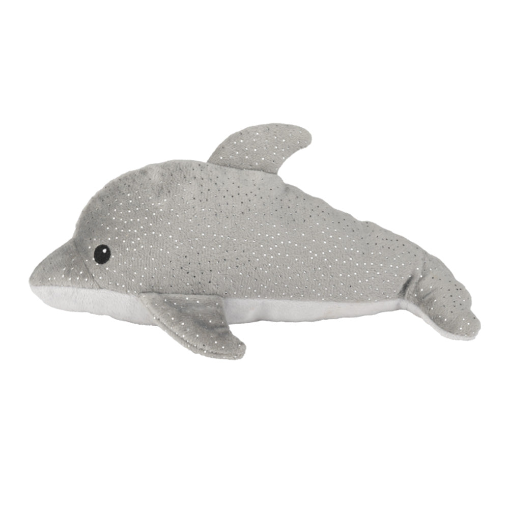 Wärmekuscheltier Mini Delfin mit glänzenden Punkten auf dem grauen Körper, Ansicht von der Seite 