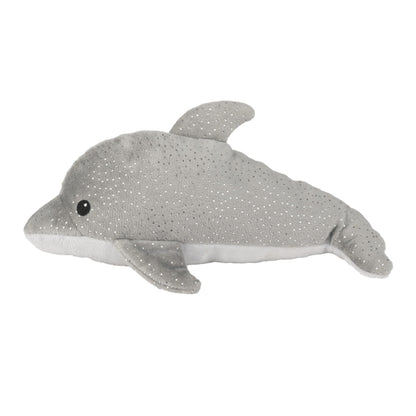 Wärmekuscheltier Mini Delfin mit glänzenden Punkten auf dem grauen Körper, Ansicht von der Seite 