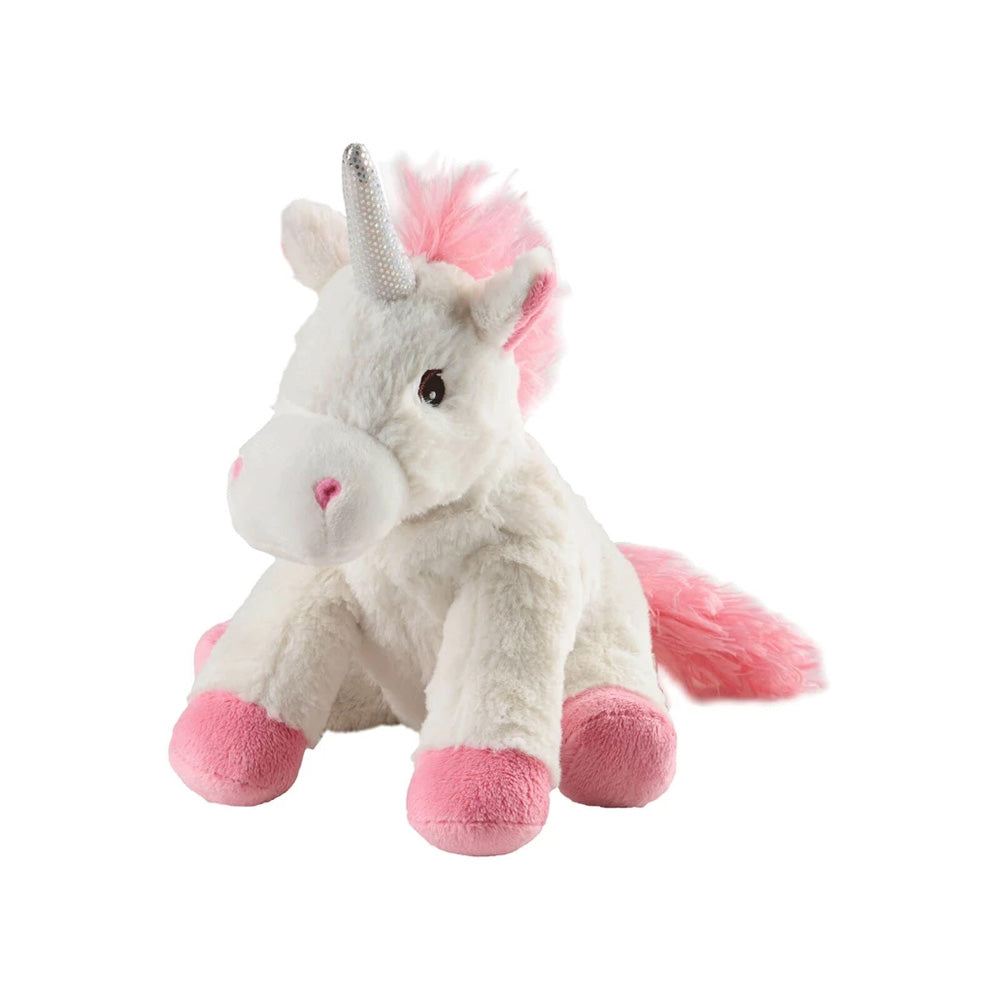 Wärmekuscheltier Mini Einhorn mit kuscheligem, weißem Fell, zarten rosafarbenen Haaren, einem passenden rosa Schweif und niedlichen rosa Füßchen. Das Horn ist mit glänzenden silberfarbenen Akzenten verziert. 
