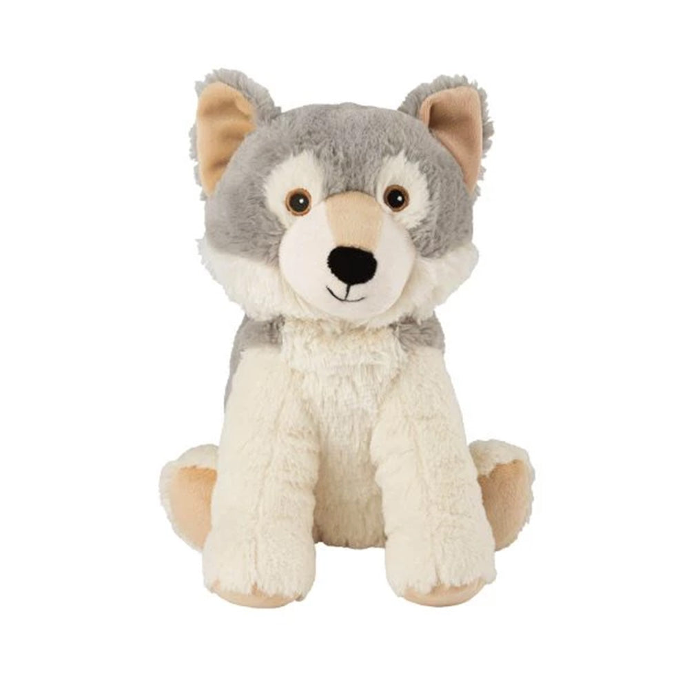 Wärmekuscheltier Mini Wolf mit hellgrauem und weißem Kuschelfell und einer schwarzen Schwanzspitze, Frontansicht 