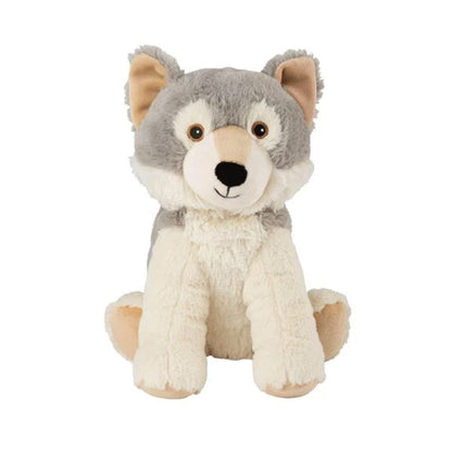 Wärmekuscheltier Mini Wolf mit hellgrauem und weißem Kuschelfell und einer schwarzen Schwanzspitze, Frontansicht 