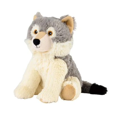 Wärmekuscheltier Mini Wolf mit hellgrauem und weißem Kuschelfell und einer schwarzen Schwanzspitze, Ansicht schräg vorne 