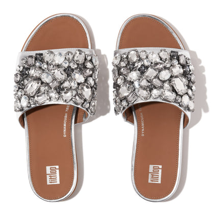 FitFlop Gracie Jewel-Deluxe Metallic-Lederpantoletten Silver