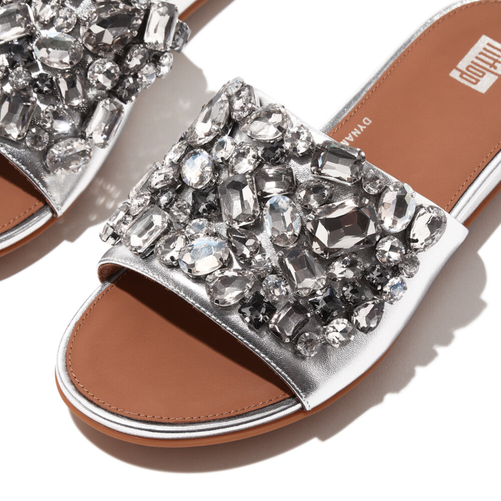 FitFlop Gracie Jewel-Deluxe Metallic-Lederpantoletten Silver