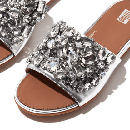 FitFlop Gracie Jewel-Deluxe Metallic-Lederpantoletten Silver