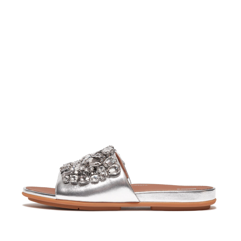 FitFlop Gracie Jewel-Deluxe Metallic-Lederpantoletten Silver
