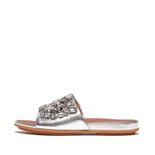 FitFlop Gracie Jewel-Deluxe Metallic-Lederpantoletten Silver