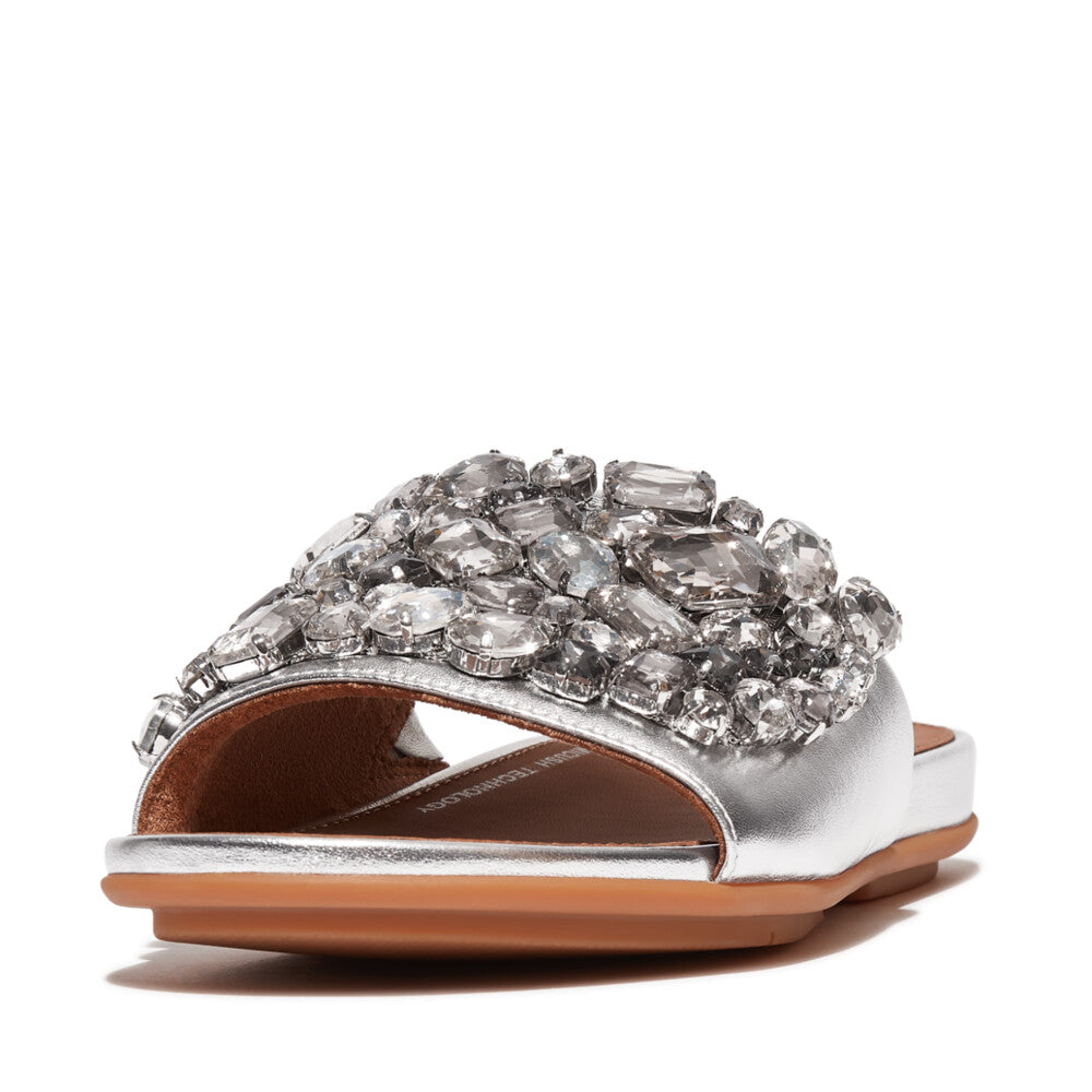 FitFlop Gracie Jewel-Deluxe Metallic-Lederpantoletten Silver