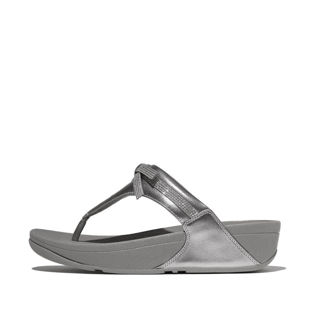 FitFlop Lulu Leder Zehenstegsandalen mit Schleife Silber