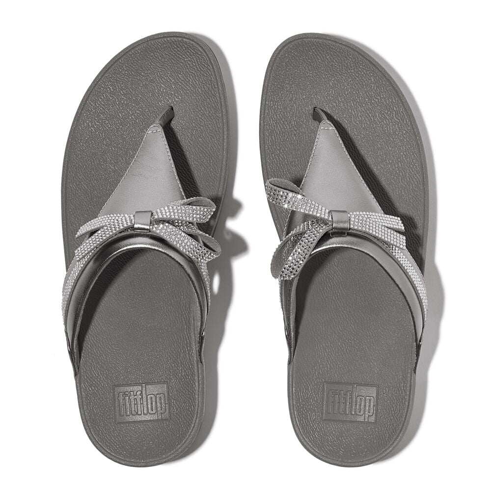 FitFlop Lulu Leder Zehenstegsandalen mit Schleife Silber