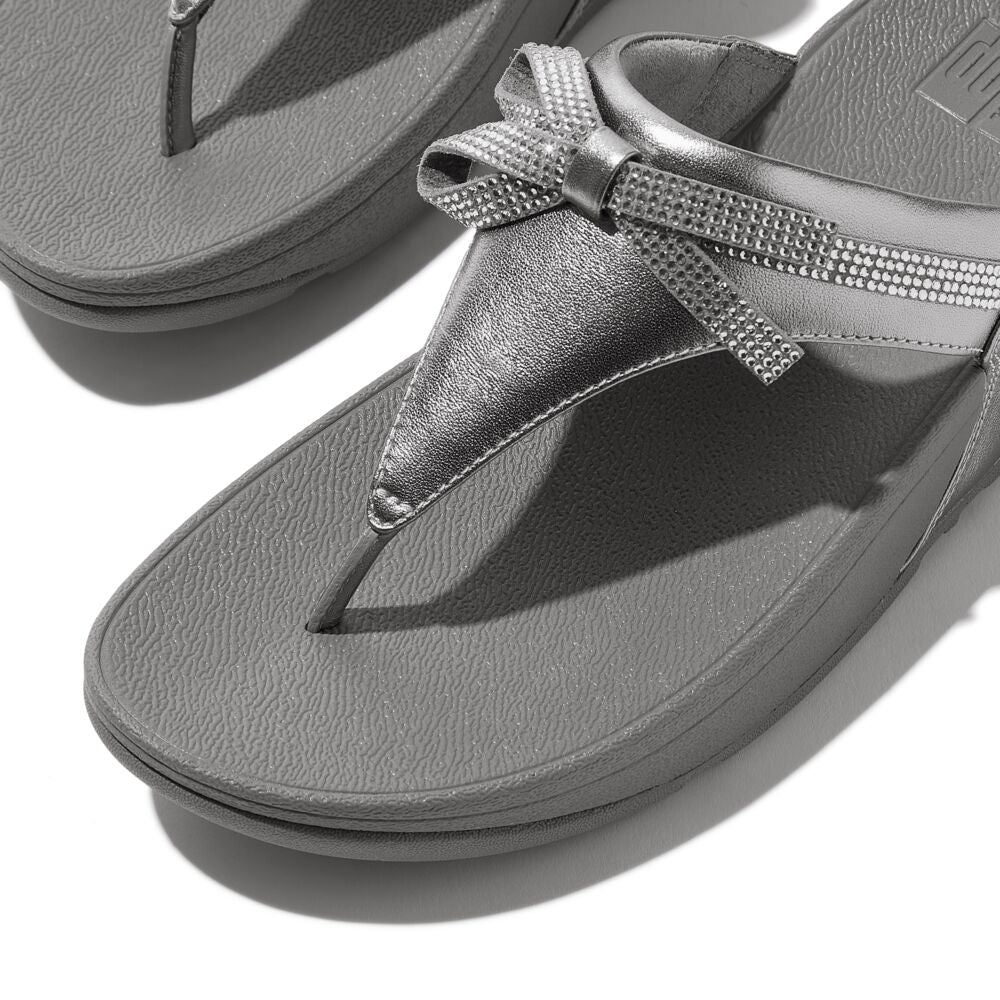 FitFlop Lulu Leder Zehenstegsandalen mit Schleife Silber