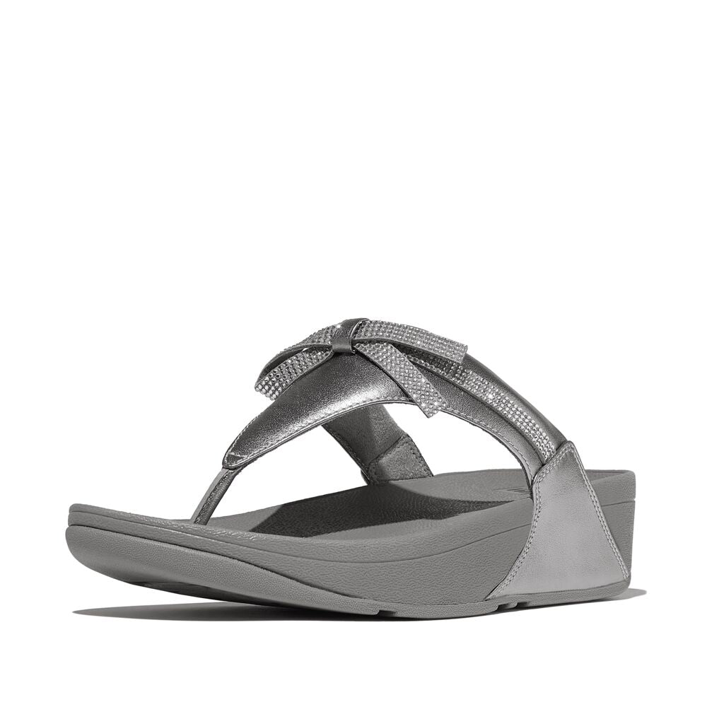 FitFlop Lulu Leder Zehenstegsandalen mit Schleife Silber