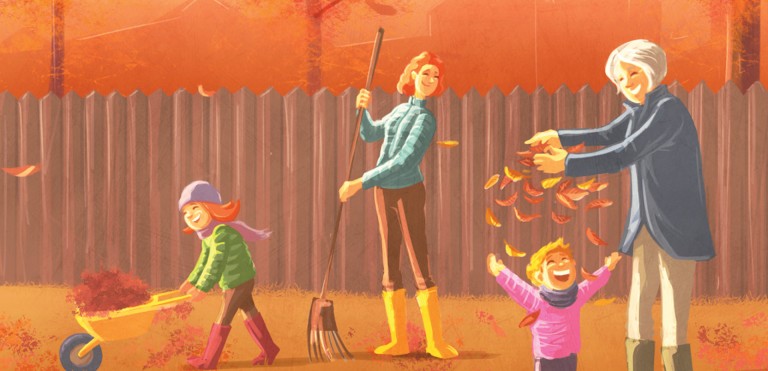 Illustration von Mutter, Großmutter und zwei Kindern beim Blättersammeln im herbstlichen Garten.