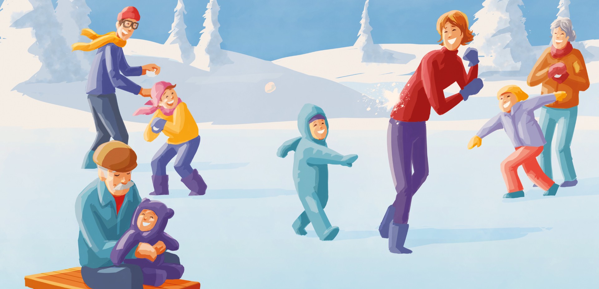 Illustration einer Familie, die im Winter draußen im Schnee spielt.