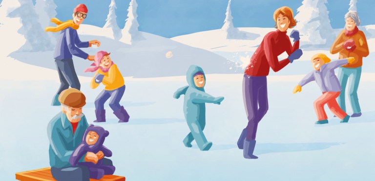 Illustration einer Familie, die im Winter draußen im Schnee spielt.