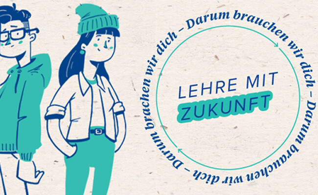 Illustration von einem Mädchen und einem jungen Mann neben einem Kreis mit dem Text „Darum brauchen wir dich“.