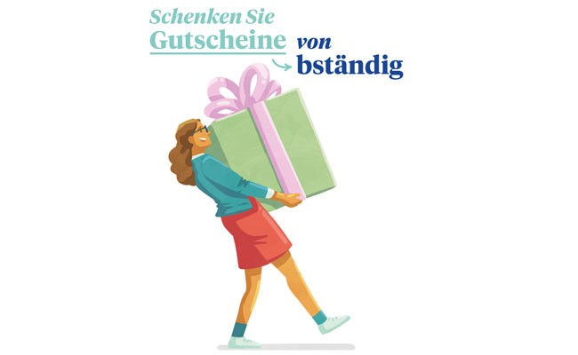 Bständig, Illustration, Frau mit Geschenk, Schenken Sie Gutscheine