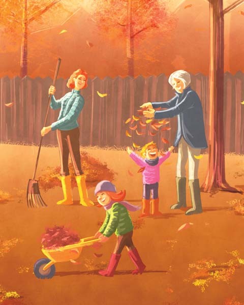 Illustration von Mutter, Großmutter und zwei Kindern beim Blättersammeln im herbstlichen Garten.