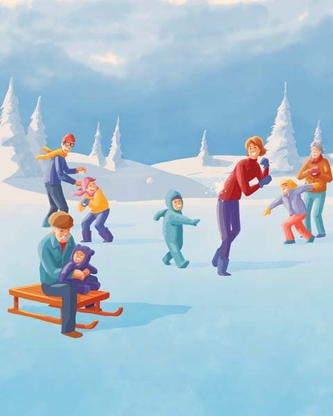Illustration einer Familie, die im Winter draußen im Schnee spielt.