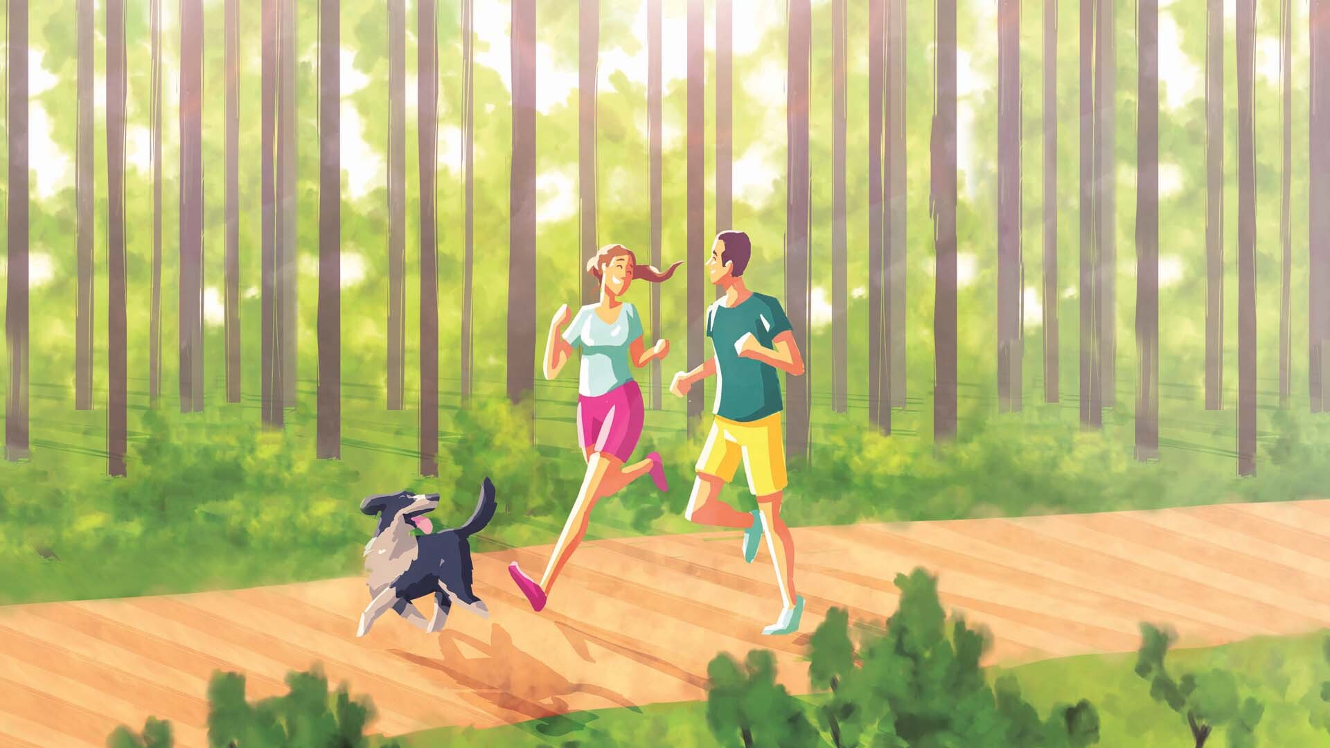 Paar joggt mit Hund in der Natur