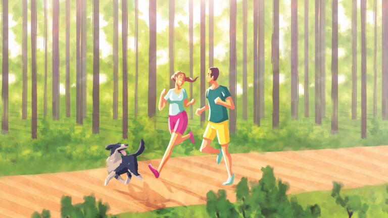 Paar joggt mit Hund in der Natur