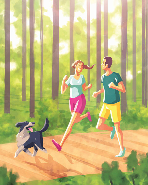 Paar joggt mit Hund in der Natur