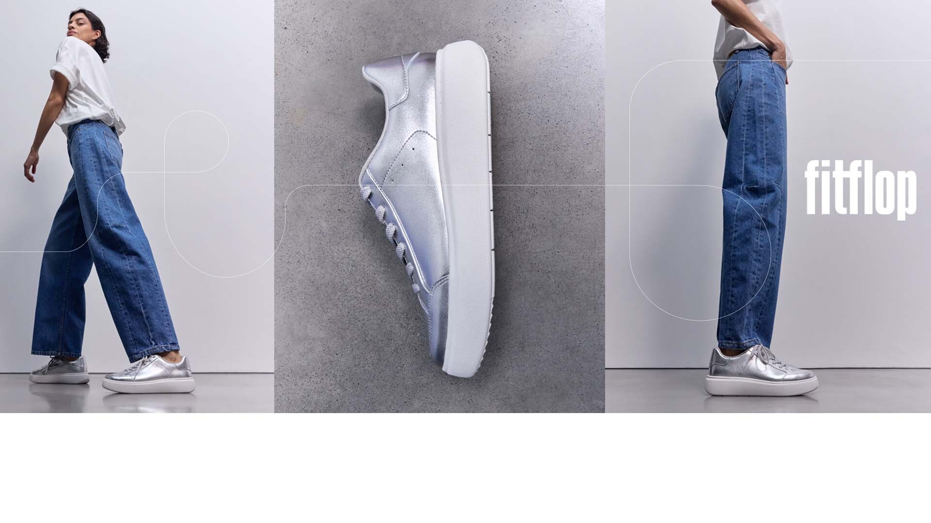 Model in Jeans mit FitFlop Schuhen aus der Herbst-Winter-Kollektion, seitlich Schuh-Detail und FitFlop Logo.
