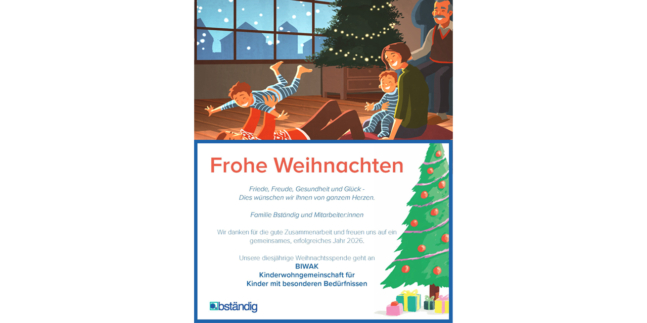 Illustrierte Weihnachtskarte mit Familie im Wohnzimmer, geschmücktem Weihnachtsbaum und Schneeflocken am Fenster.