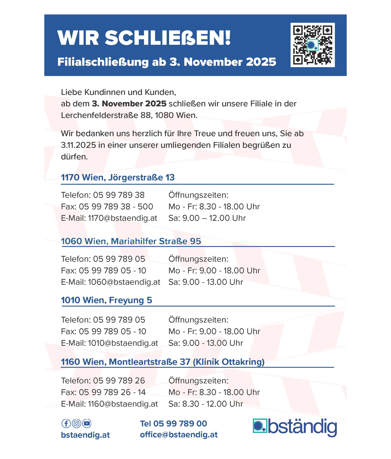 Hinweis-Flyer von bständig zur Filialschließung in der Lerchenfelderstraße 88, 1080 Wien.