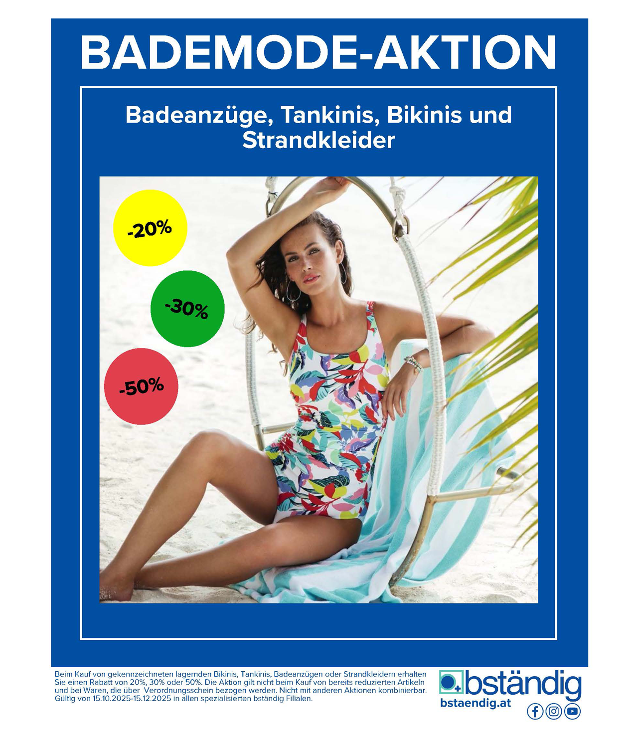 bständig Bademode-Aktion Plakat mit 20, 30 und 50 Prozent Rabatt.