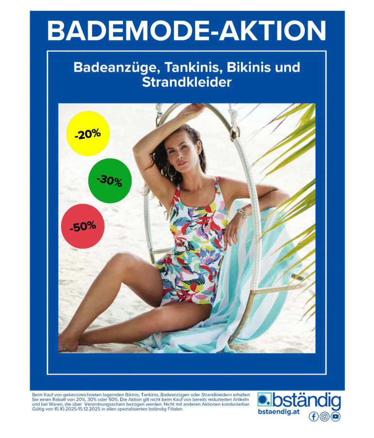 bständig Bademode-Aktion Plakat mit 20, 30 und 50 Prozent Rabatt.
