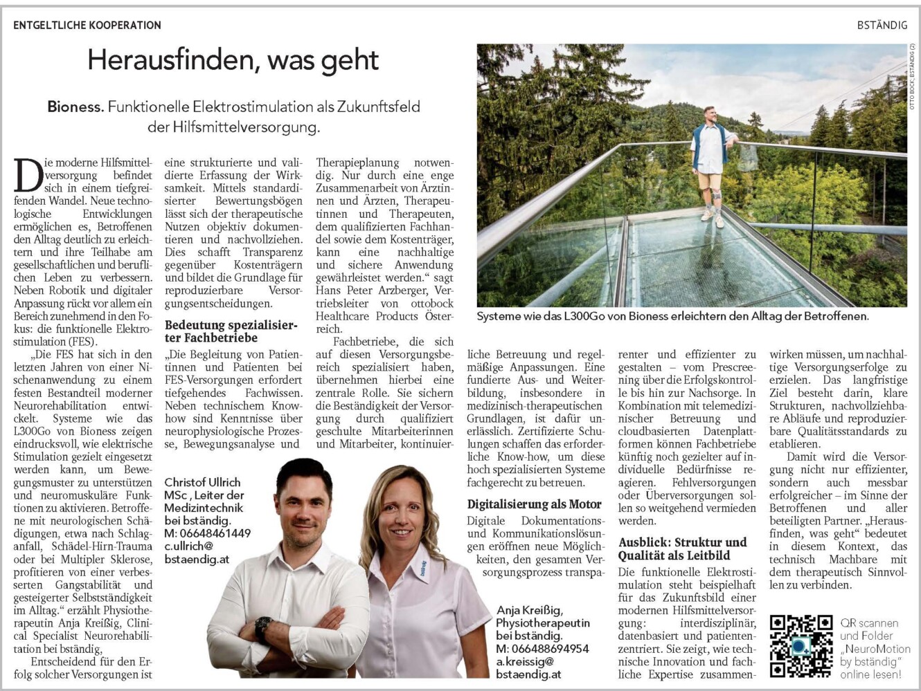 Zeitungsartikel im Kurier über Bioness: Funktionelle Elektrostimulation als Zukunft der Hilfsmittelversorgung