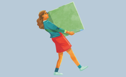 Illustration einer Frau mit grünem Umzugskarton, blauem Jacket und rotem Rock.