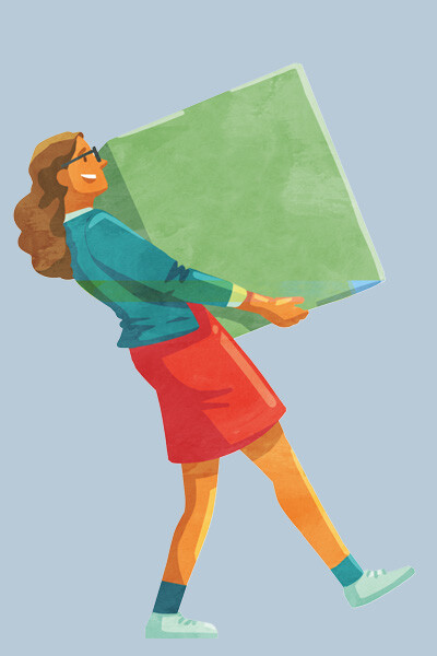 Illustration einer Frau mit grünem Umzugskarton, blauem Jacket und rotem Rock.