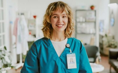 Freundlich lachende Krankenschwester in blauer Dienstkleidung, symbol für offene Stelle als Gesundheits- und Krankenpfleger:in.