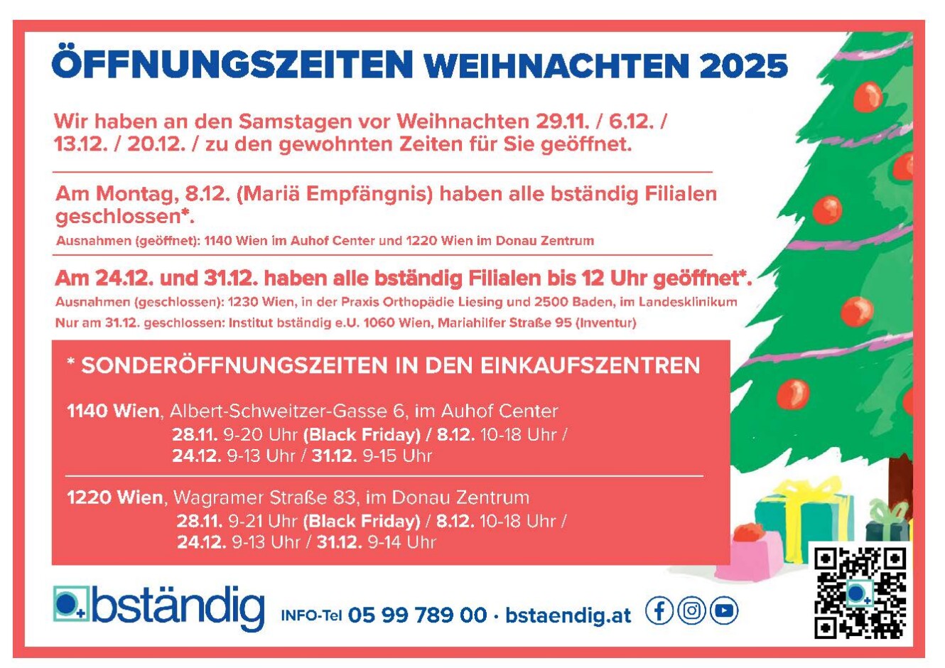 Weihnachtsschild von bständig mit besonderen Öffnungszeiten und Kundeninformation zu den Feiertagen.