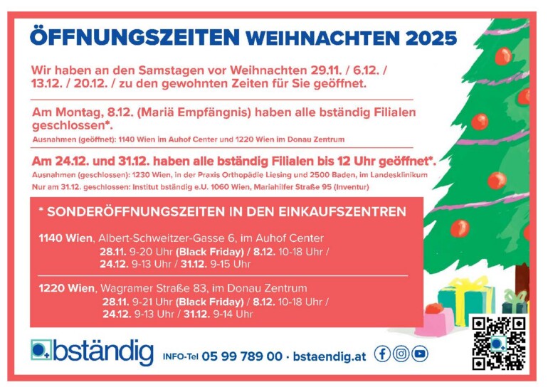 Weihnachtsschild von bständig mit besonderen Öffnungszeiten und Kundeninformation zu den Feiertagen.