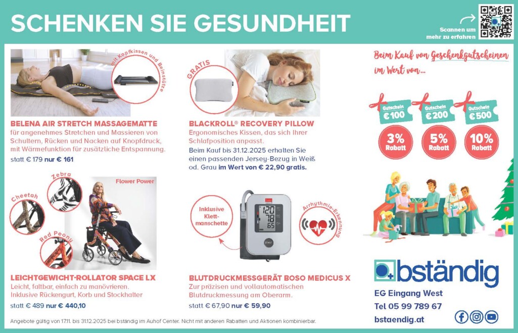 Inserat von bständig im Auhof Center: ‚Schenken Sie Gesundheit‘ mit verschiedenen Produktbildern und Aktionshinweisen für den Zeitraum 17.11. bis 31.12.2025