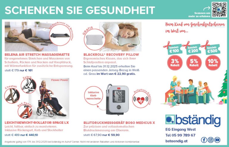 Inserat von bständig im Auhof Center: ‚Schenken Sie Gesundheit‘ mit verschiedenen Produktbildern und Aktionshinweisen für den Zeitraum 17.11. bis 31.12.2025